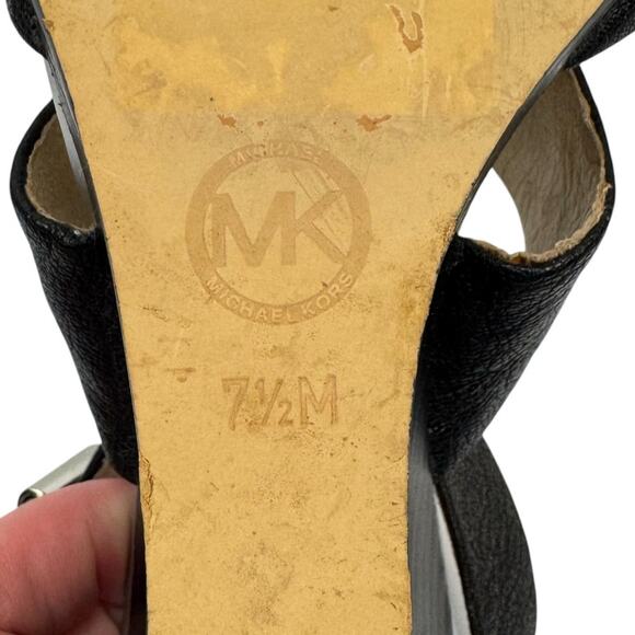 Michael Michael Kors Logo Black Leather Metallic Strappy Wedge Sandals Sz 7.5M - Picture 9 of 16